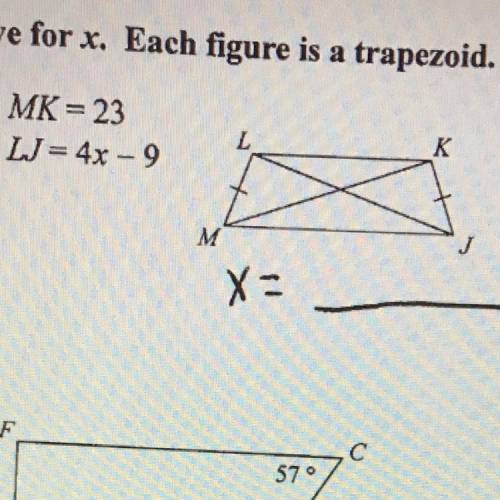 Solve for x. Each figure is a trapezoid.
12) MK = 23 
LJ = 4x - 9
