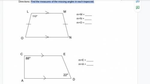 Find the measures of the missing angles in each trapezoid.