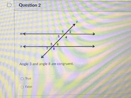 PLS HELP!!! Angle 3 and Angle 8 are congruent
True or false