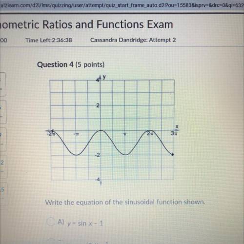 Write the equation of the sinusoidal function shown.