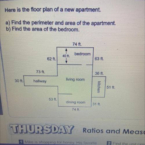 Here is the floor plan of a new apartment.

a) Find the perimeter and area of the apartment.
b) Fi