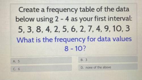 Create a frequency table of the data

below using 2 - 4 as your first interval:
5, 3, 8, 4, 2, 5,