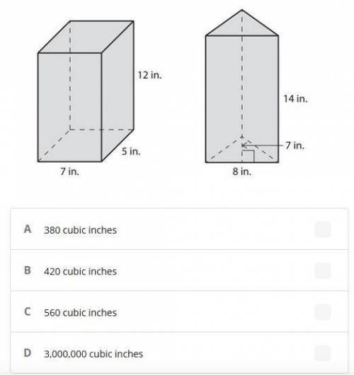 What is the volume of the rectangular prism?
Volume = LWH
(Geometry)