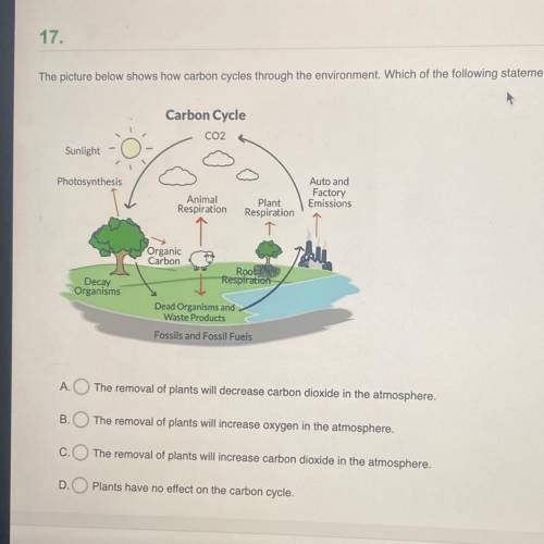 17.

The picture below shows how carbon cycles through the environment. Which of the following sta
