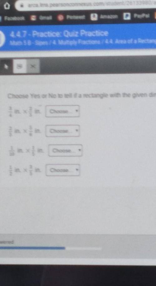 the question is choose yes or no to tell if the rectanglw with the given dimension has an area of 3