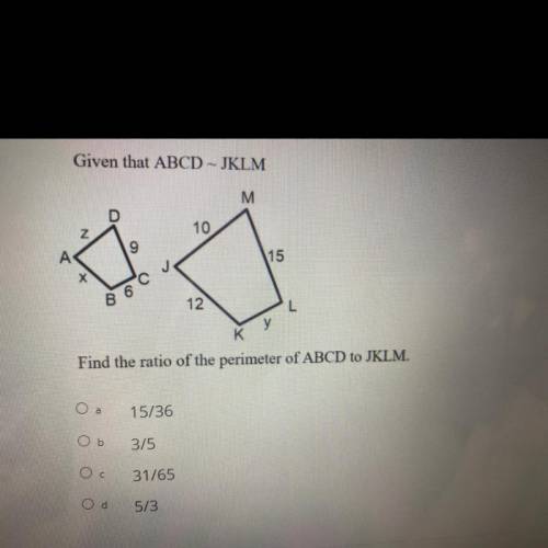 Given that ABCD~JKLM 
find the ratio of the perimeter of ABCD to JKLM