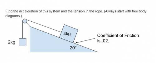 FInd the acceleration of this system and the tension in the rope. (Always start with free body diag