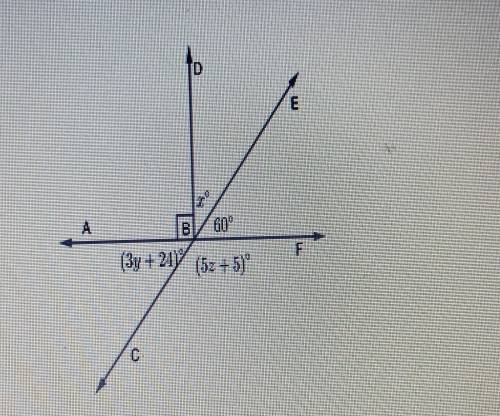 Please help!!

What are the values of x, y, z, m∠ABC, m∠CBF, and m∠EBD in the given figure? Explai