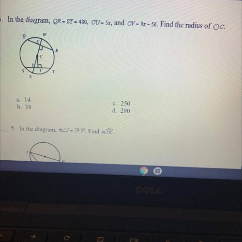 In the diagram, QR=ST=480, CU=5x, and CV=9x-56. Find the radius of circle C