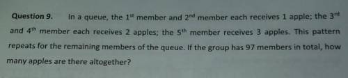 In a queue, the 1st member and 2nd member each receives 1 apple; the 3rd and 4th member each receiv