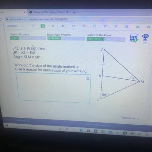 JKL is a straight line.

JK = KL = KM.
Angle KLM = 58°
Work out the size of the angle marked x.
Gi