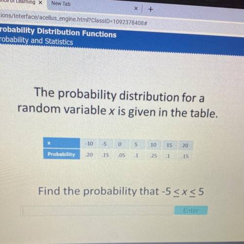 Acellus

The probability distribution for a
random variable x is given in the table.
- 10
-5
0
5
1