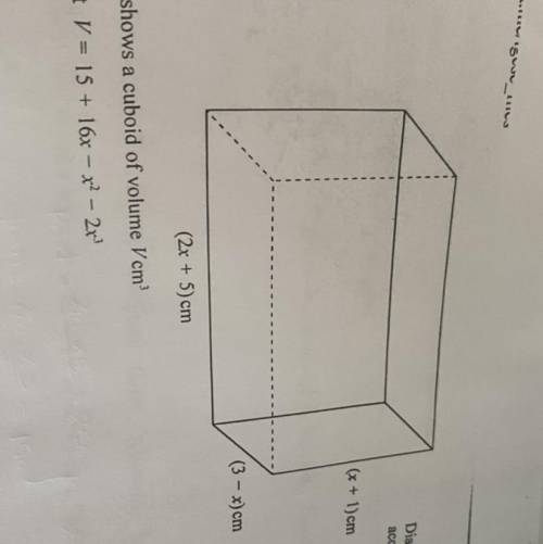 US_

Diagram NOT
accurately draw
(x + 1)cm
(3 - x) cm
(2x + 5) cm
The diagram shows a cuboid of vo