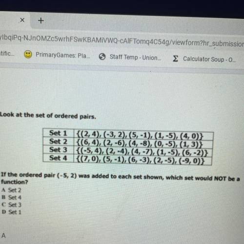 If the ordered pair (-5, 2) was added to each set shown, which set would NOT be a

function?
A Set