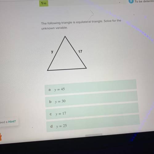 The following triangle is equilateral triangle. Solve for the
unknown variable.
у
17