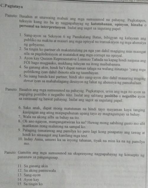 Konsepto ng Pananaw

C.PagtatayaPanuto: Basahin at unawaing mabuti ang mga sumusunod na pahayag. P