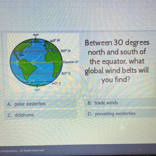 Between 30 degrees

north and south of
the equator, what
global wind belts you will find ? SOMEONE