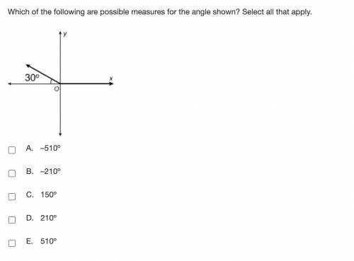 Which of the following are possible measures for the angle shown? Select all that apply.
