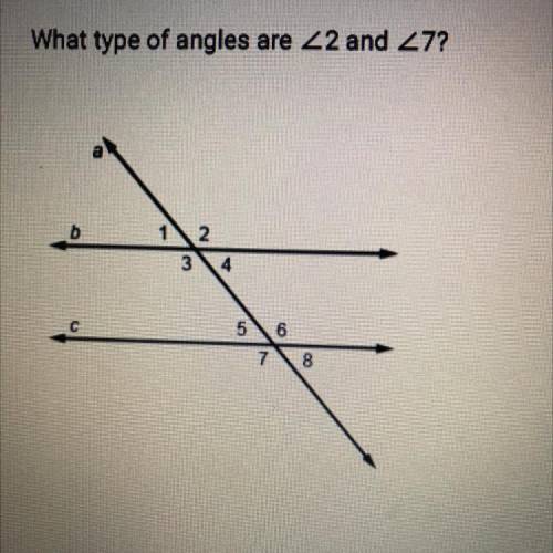 What type of angles are 2 and 7?

A. Supplementary angles
B. Alternate exterior angles 
C. Alterna