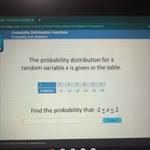 The probability distribution for a

random variable x is given in the table.
х
-5
-3
-2
0
2
Probab