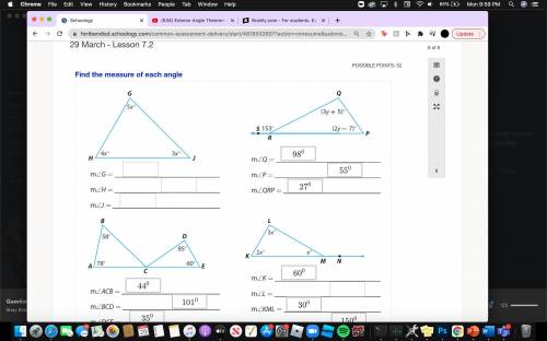 what are the measures for each angle for the first triangle (possible answers are in the one of the