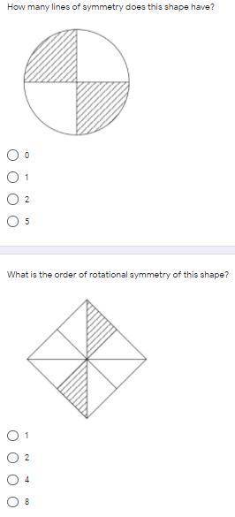 Lines of symmetry and rotational symmetry

Can someone help please? 
These are practice questions