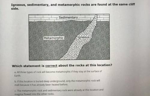 igneous sedimentary, and metamorphic rocks are found at the same cliff side.Which statement is corr