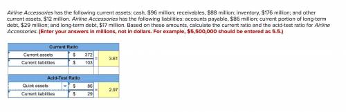 Airline Accessories has the following current assets: cash, $96 million; receivables, $88 million;
