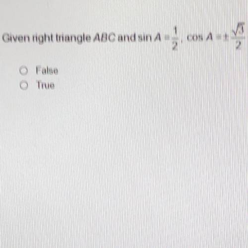 Given right triangle abc and sin A= 1/2, cos A = √3/2