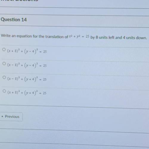 Write an equation for the translation by 8 units left and 4 units down