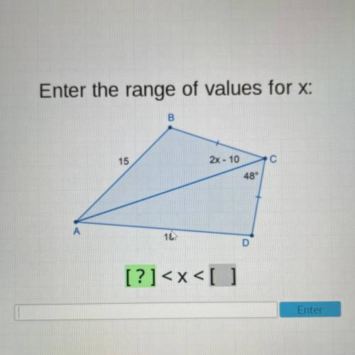 Enter the range of values for x:

B
15
2x - 10
С
48°
A
18
D
[?]
Enter