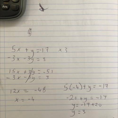 Solve the system by substitution. 5x+y=−17 −3x−3y=3