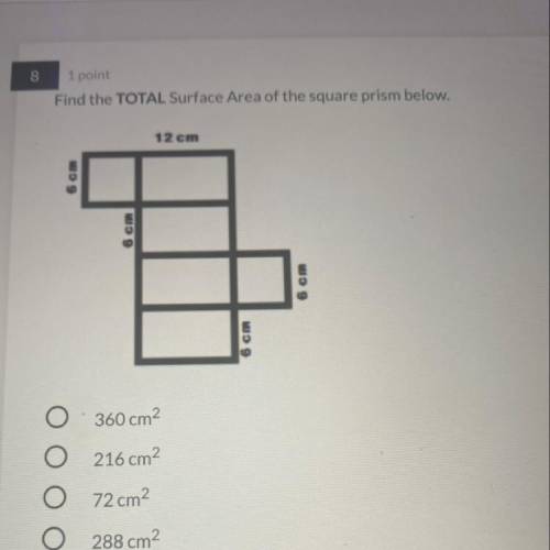 Find the TOTAL Surface Area of the square prism below.

12 cm
6 cm
6 cm
6 cm
6 cm
360 cm2
216 cm2