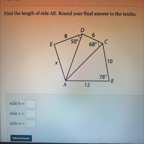 Find the length of side AE. Round your final answer to the tenths.

D
8
6
50°
E
68°
10
Х
78°
B
A
1