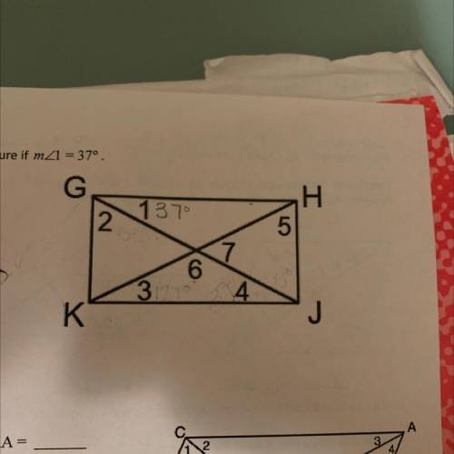quadrilateral GHJK is a rectangle. find each measure if m<1=37 degrees ( please help very confus