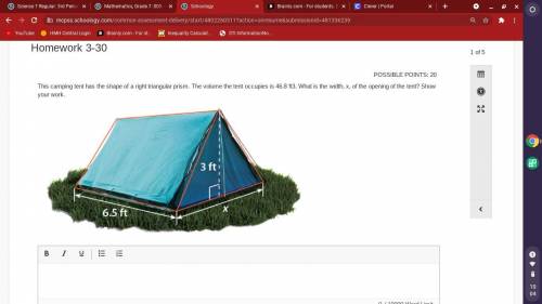 This camping tent has the shape of a right triangular prism. The volume the tent occupies is 46.8 f