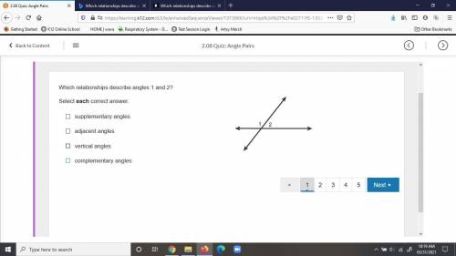 Which relationships describe angles 1 and 2?
Select each correct answer.