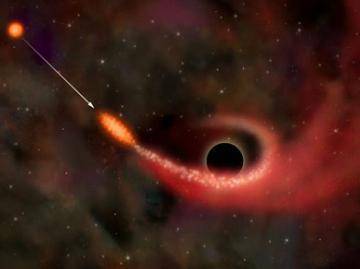 Look at this image.

Gases extend away from a star and spiral into the center of a black hole. 
Wh
