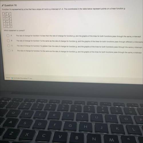 Question 16

Function f is represented by a line that has a slope of 3 and a y-intercept of -2. Th