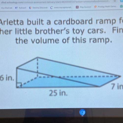 Arletta built a cardboard ramp for

her little brother's toy cars. Find
the volume of this ramp.
-