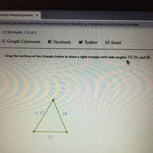 Drag the vertices of the triangle below to draw a right triangle with side lengths 10, 24, and 26.