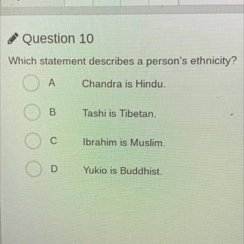 Which statement describes a persons ethnicity?
