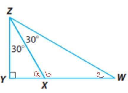 PLEASE HELP
What are the angle measurements of a=, b=, c=?