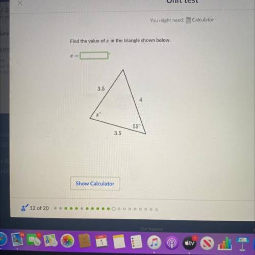 Find the value of x in the triangle shown below. HURRY PLEASE I NEED HELP!!!