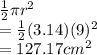 \frac{1}{2} \pi {r}^{2}  \\  =   \frac{1}{2} (3.14)(9) {}^{2}  \\ = 127.17cm {}^{2}