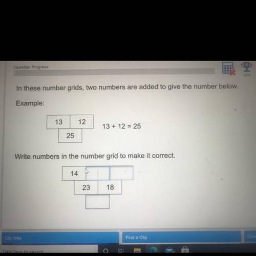 Question Progress

94%
+
In these number grids, two numbers are added to give the number below.
Ex