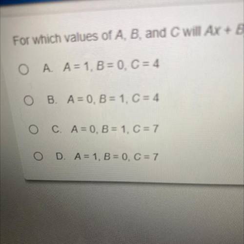 For Whitch values of. A B And C will Ax+By=C. Be a vertical line through the point (7 4) I we'll gi