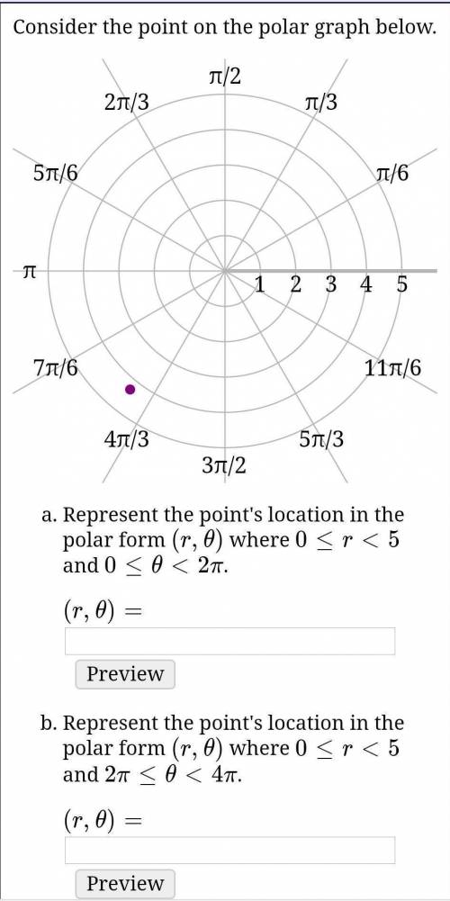 Consider the point on the polar graph below.

Represent the point's location in the polar form (r,