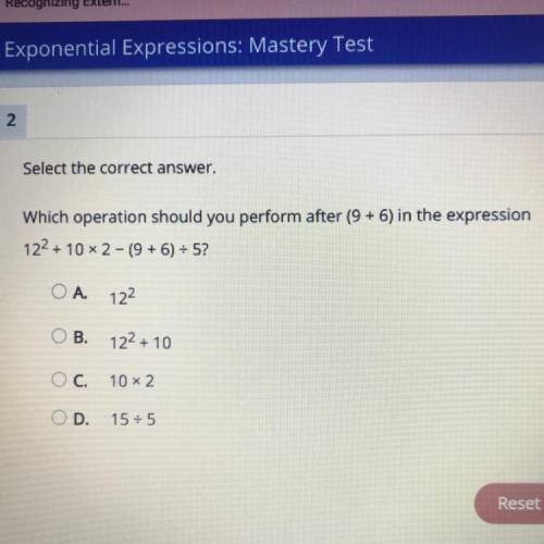 Which operation should you perform after (9+6) in the expression 12/2 +10x2 -(9+6) divided by 5?