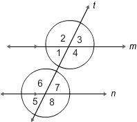 Parallel lines m and n are cut by a transversal t. Which two angles are corresponding angles? A. 1